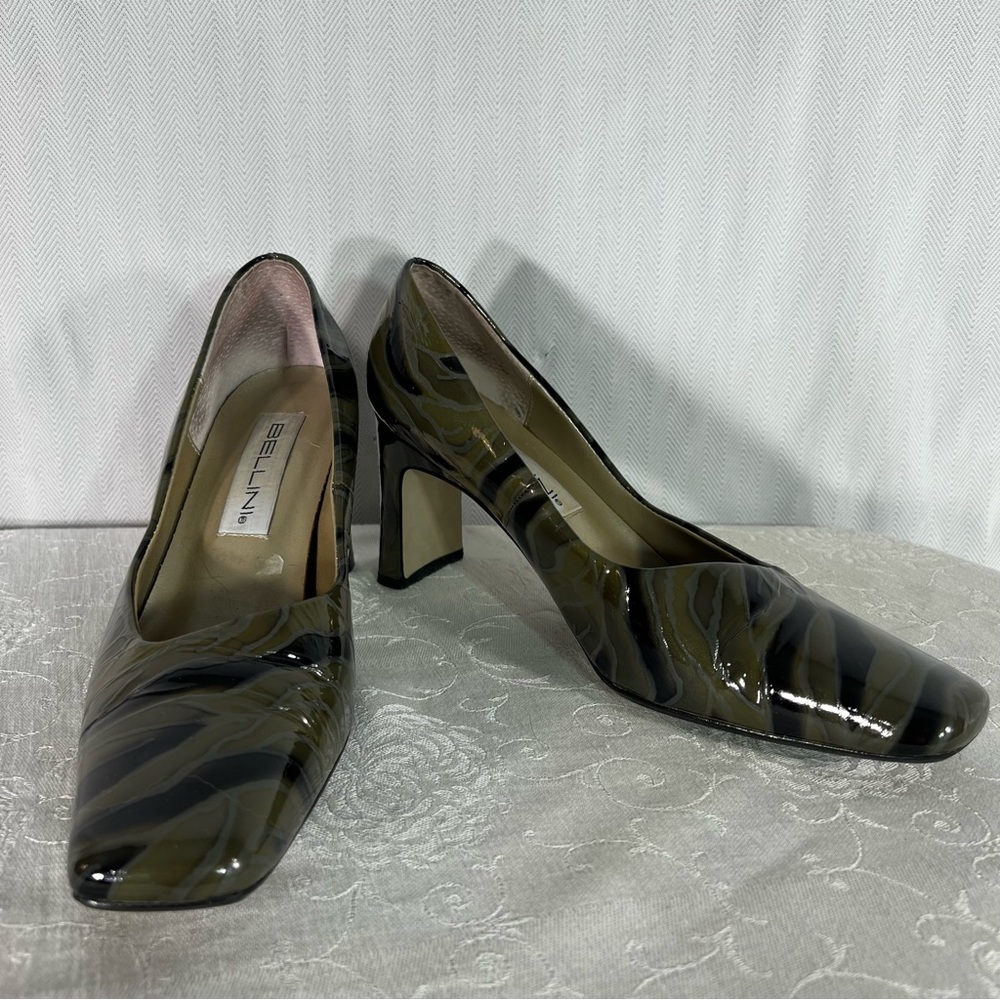 Bellini Margie Black & Green Textured Patent Leather Block Heel Shoes 8.5